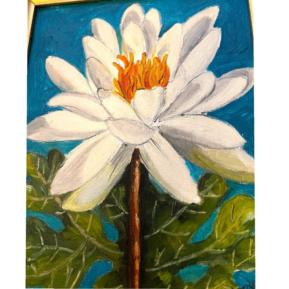 Vtg Framed Hand-Painted Water Lily Art on Canvas Panel, Signed & Dated, Acrylic - Picture 5 of 10